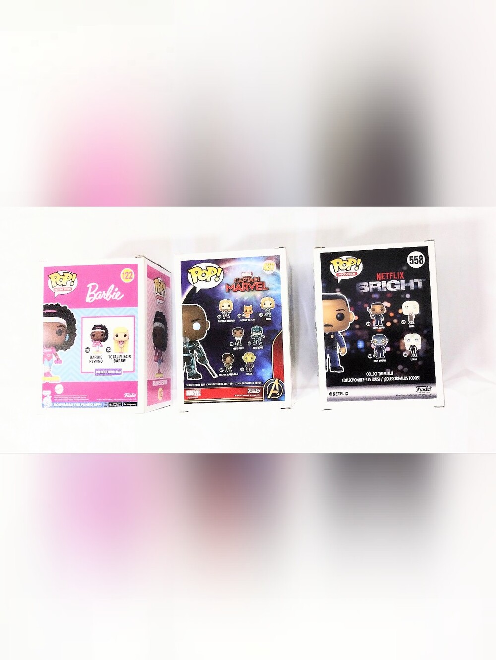 Funko Pop! Set with Pink Barbie, Red Captain Marvel & Black Bright Boxes